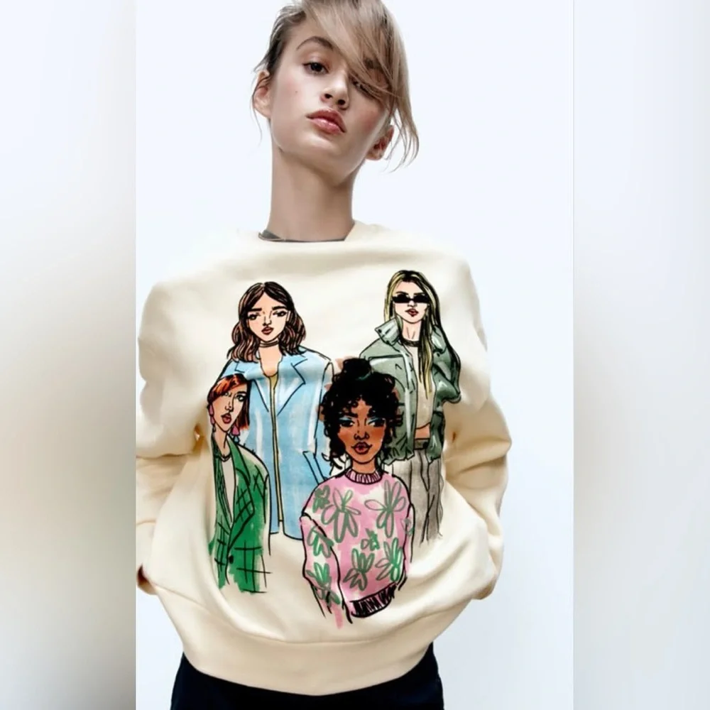 Zara Cool Girls Rare Graphic Illustration Print Crewneck Sweatshirt Pullover